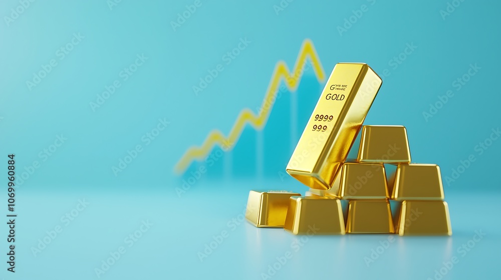Poster a stack of gold bars with a bar on top and a graph in the background
