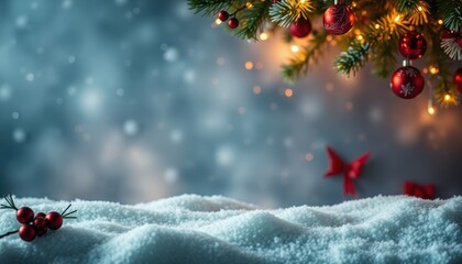 a Christmas background with soft snow and sparkling decorations