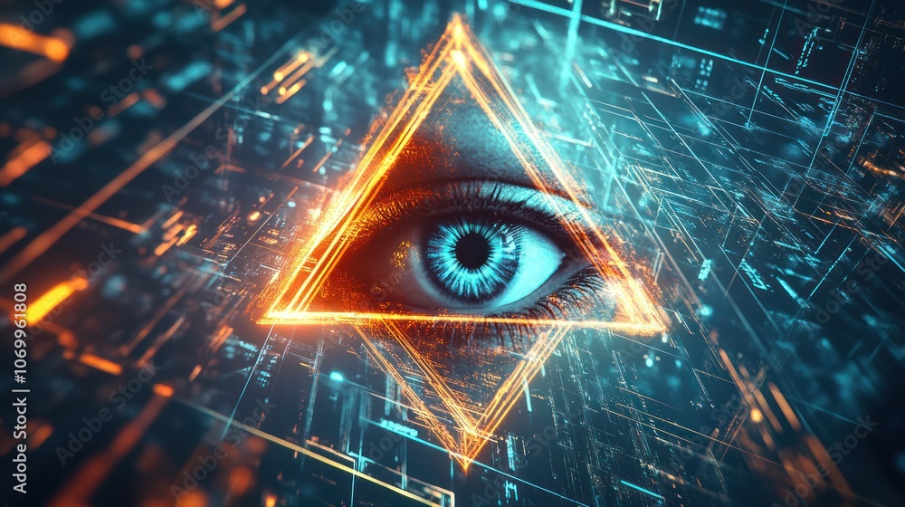 Poster an all-seeing eye inside a glowing triangle with sharp lines surrounded by digital codes and abstrac