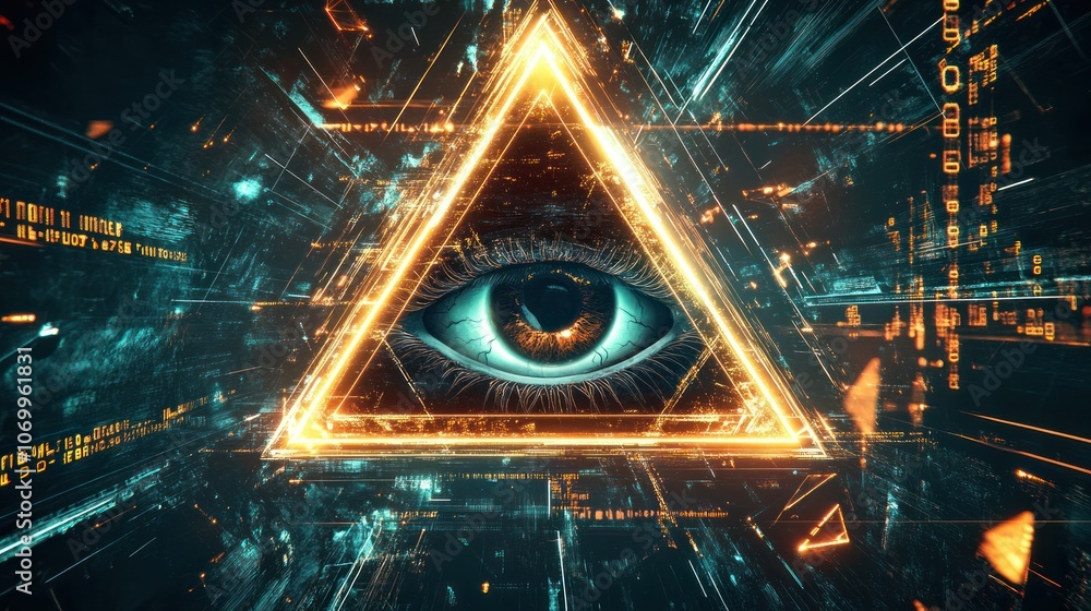 Poster an all-seeing eye inside a glowing triangle with sharp lines surrounded by digital codes and abstrac