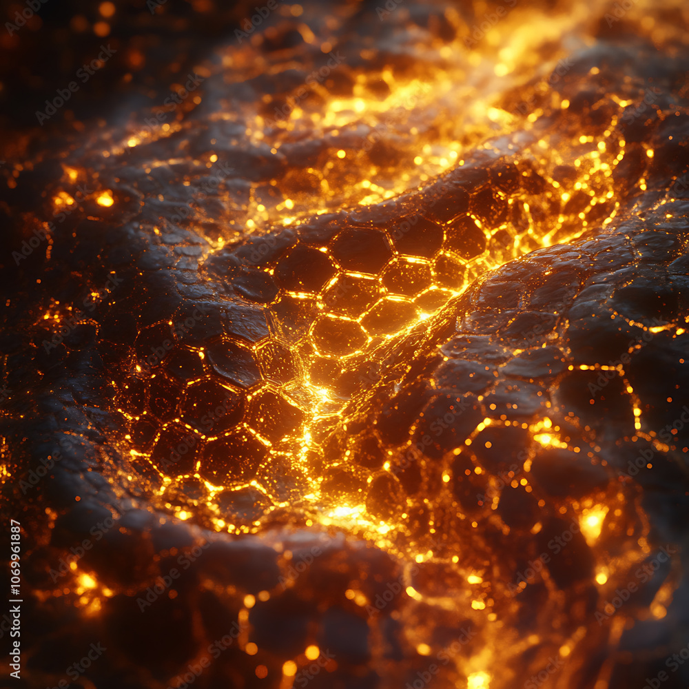 Poster abstract glowing honeycomb pattern with vibrant orange and yellow hues, creating mesmerizing visual 