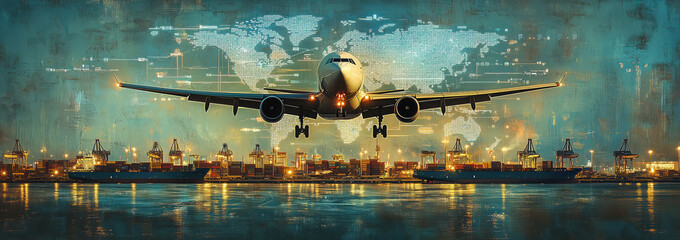 Airplane on the sky transport flight to airport with hologram world map on the background.