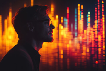 profile of man with glasses against vibrant, colorful background, symbolizing creativity and innovation. warm tones evoke sense of inspiration and energy