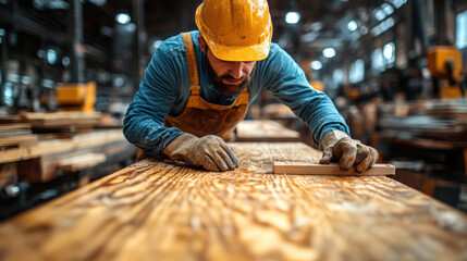 carpenter working diligently on wooden surface, wearing gloves and hard hat, showcasing craftsmanship in workshop. focus is on detailed woodwork