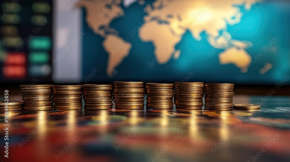 Aufkleber coins lined up in front of a world map displayed on a digital screen