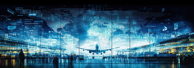 Airplane on the sky transport flight to airport with hologram world map on the background.