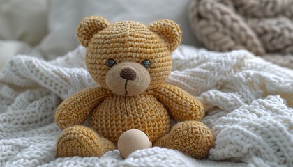 Teddy bear and natural wooden rattle toy on white blanket throw background. 