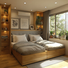 Cozy apartment room featuring two double beds, wooden furniture, and plants. warm lighting and modern decor create relaxing atmosphere for restful nights