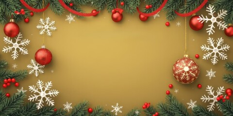 Christmas holiday greeting banner template with festive red and green colors, snowflakes, ornaments, and space for customized message, Christmas