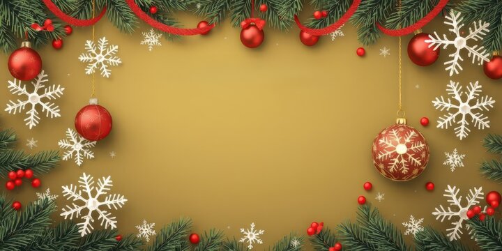 Christmas holiday greeting banner template with festive red and green colors, snowflakes, ornaments, and space for customized message, Christmas