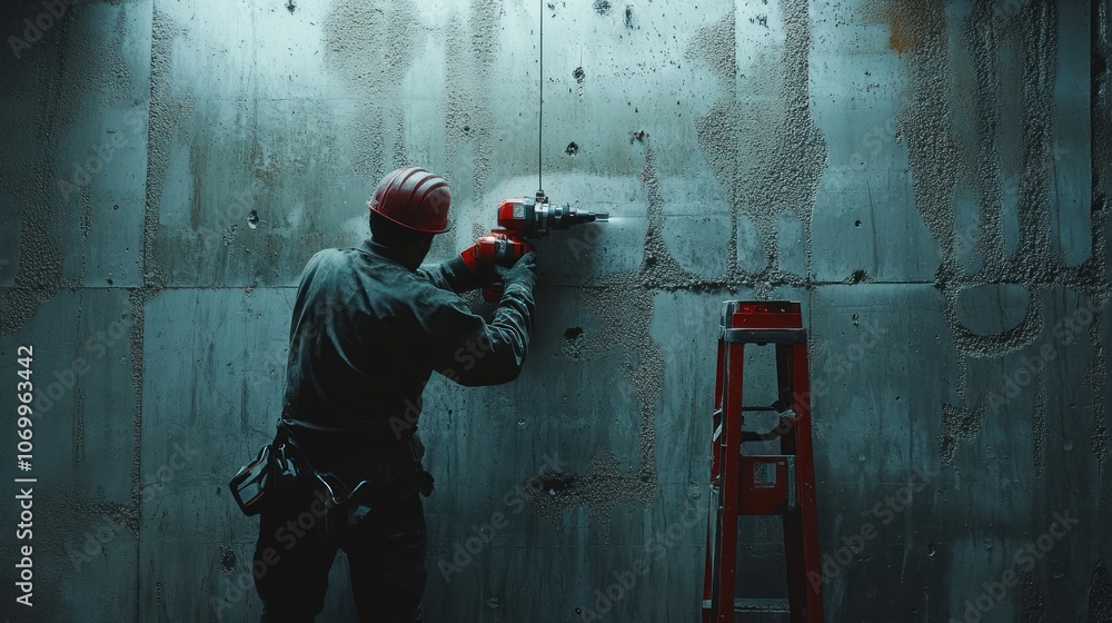 Poster a worker using a power tool on a concrete wall, illuminated in a dimly lit environment.