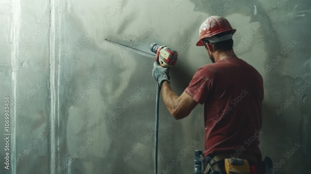 Poster a construction worker using a tool on a wall in a work environment.