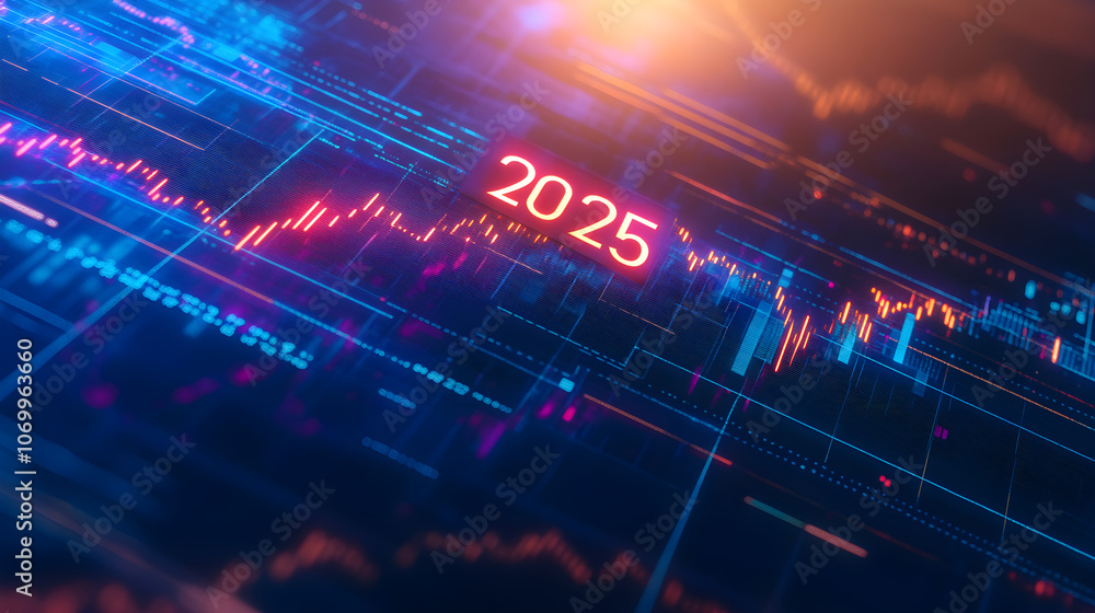 Poster a futuristic graph showing a sharp upward trend, with '2025' highlighted at the peak