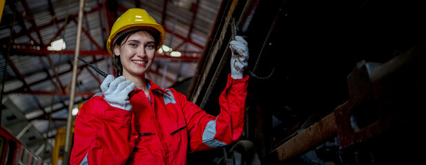 Engineer checking construction process railway and checking work on railroad station . Railway...