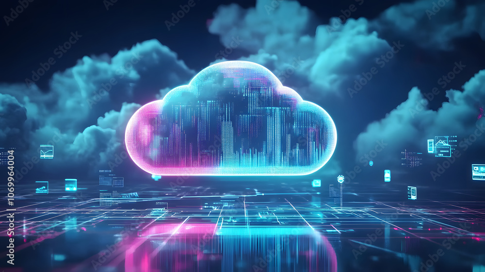Poster a futuristic cloud computing concept showcasing digital data and technology in a vibrant, high-tech 