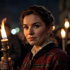 Fototapeta premium A woman in traditional Scottish attire holding a torch during the Hogmanay Torchlight Procession,