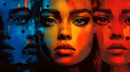 An abstract illustration featuring stylized faces with vibrant colors, creating an emotional and dynamic visual impact through geometric patterns.