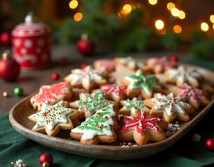 Delicious Christmas sweets and cookies on a table, with Christmas tree decoration, with balls and lights, in a luxurious house with a warm and calm atmosphere

