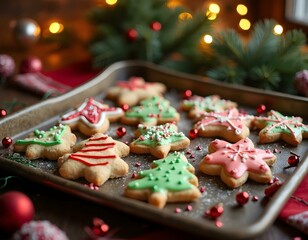 Delicious Christmas sweets and cookies on a table, with Christmas tree decoration, with balls and lights, in a luxurious house with a warm and calm atmosphere

