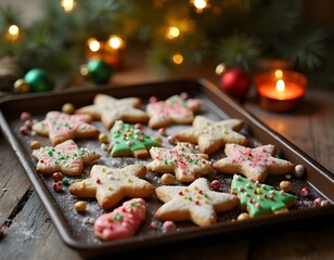 Delicious Christmas sweets and cookies on a table, with Christmas tree decoration, with balls and lights, in a luxurious house with a warm and calm atmosphere

