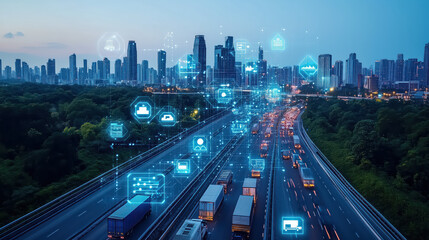 Fototapeta premium City view with hologram data online network.