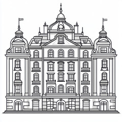 Elegant hotel building with detailed architecture and flags
