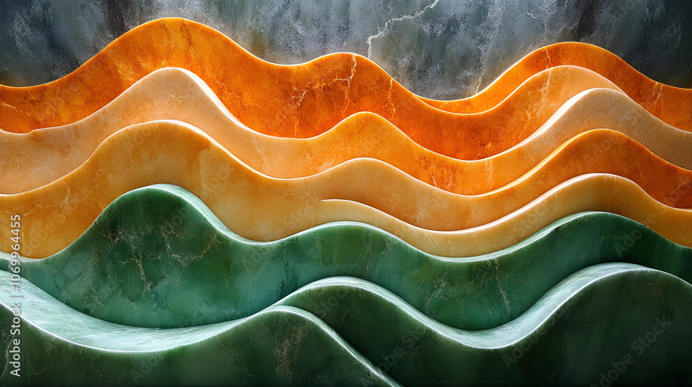 Poster Abstract waves of vibrant orange, green, and soft tones create a dynamic, flowing pattern that suggests depth and movement.