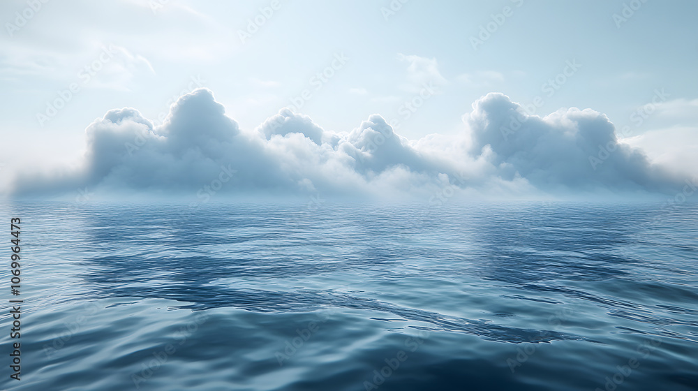 Poster A serene ocean scene featuring calm waters reflecting soft clouds under a clear sky.