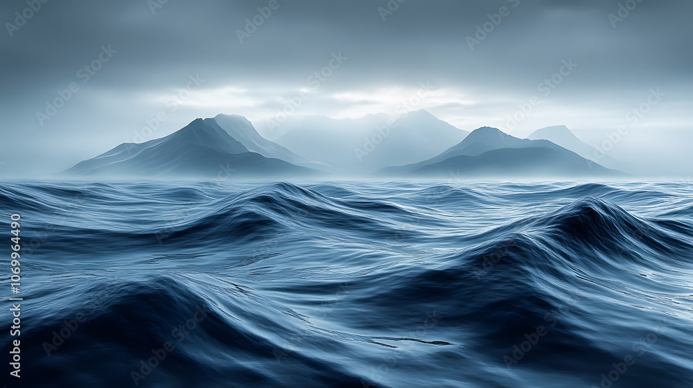 Poster a tranquil seascape featuring rolling waves and distant mountains under a moody, overcast sky.