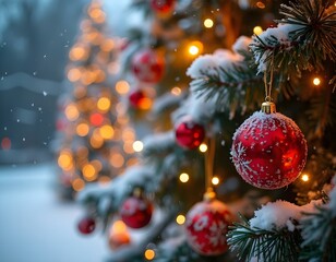 Christmas decoration on the outside of luxury houses, with Christmas trees, balls, lights, on a nightfall with snow and starry sky, with houses in the background.