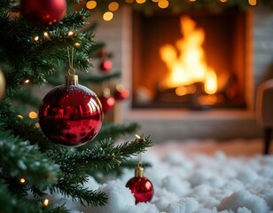 Christmas decoration of a Christmas tree, with balls and lights, in a luxurious house with a warm atmosphere and a lit fireplace in the background.