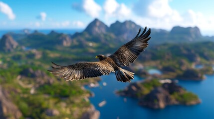 Majestic Eagle Soaring Over Island Landscape Wildlife Nature