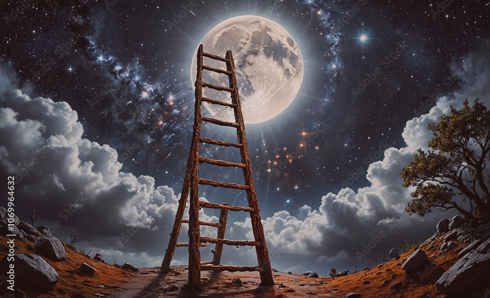 Poster ladder is on a hillside next to a large moon