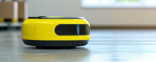 Yellow robotic vacuum cleaner on a modern floor, showcasing advanced cleaning technology.