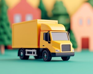 Yellow toy truck on a bright background with abstract houses and trees.