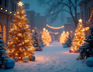 Christmas decoration on the outside of luxury houses, with Christmas trees, balls, lights, on a nightfall with snow and starry sky, with houses in the background.
