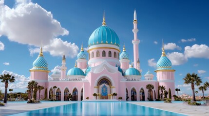 Obraz premium Stunning Pink Blue Mosque Architecture Sunny Day Reflection Pool