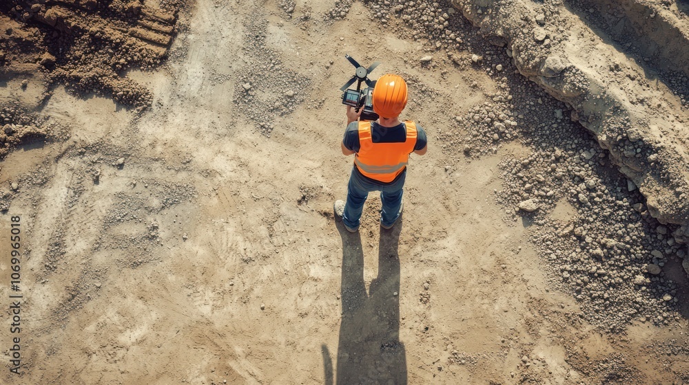Poster a construction worker using a drone on a building site.