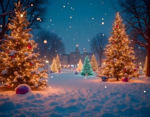 Christmas decoration on the outside of luxury houses, with Christmas trees, balls, lights, on a nightfall with snow and starry sky, with houses in the background.