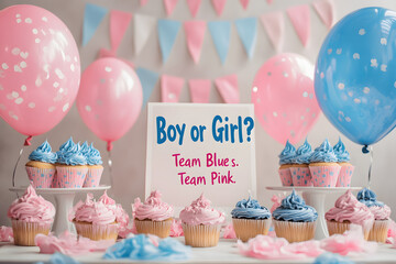 Colorful gender reveal party setup with pink and blue cupcakes, balloons, and a "Boy or Girl?" sign. Perfect for baby showers, party planners, and pregnancy announcement themes