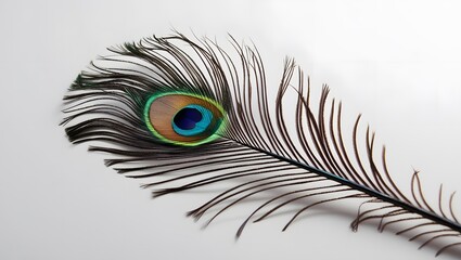 Obraz premium Vibrant Peacock Feather on White Background