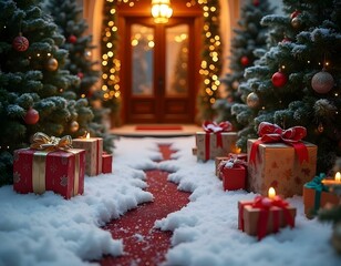 Christmas decoration outside a luxury house, with Christmas trees, gifts and lights, with Santa's footprints in the snow, with lights in the background.
