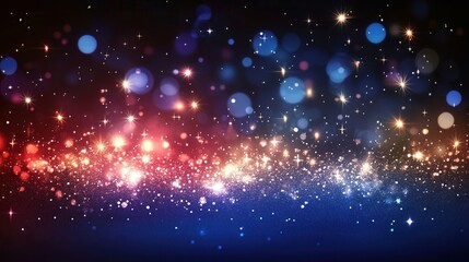 Red white and blue background with bokeh and sparkling stars representing a festive celebration