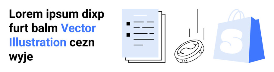 Shows documents, a coin, and a shopping bag with mixed text in the forefront. Ideal for e-commerce, online shopping, financial transactions, documentation, and graphic design themes. Landing page