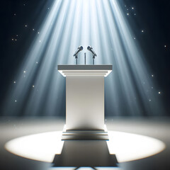 Podium lectern with two microphones with sportlight background
