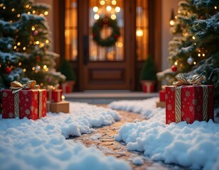 Christmas decoration outside a luxury house, with Christmas trees, gifts and lights, with Santa's footprints in the snow, with lights in the background.