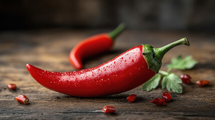 Fresh red chili peppers with water droplets on wooden surface, showcasing vibrant colors and textures. Perfect for culinary use or food photography
