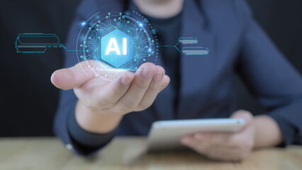 chat with ai and Ai artificial intelligence concept. man using smart robot technology on hand. Show future technology for entering command to create something. To help and improve work efficiency