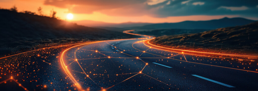 Logistic road with hologram data online network background.