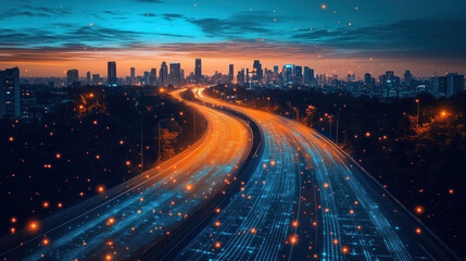 Logistic road with hologram data online network background.